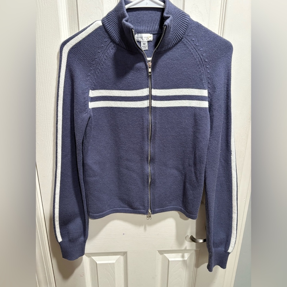 Blue Zip-Up Sweater with White Stripes